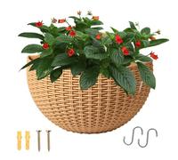 Half Round Planter - Suspending Rustic Faux Rattan Holder, No Drill Plant Basket,Wall Hanging Pot | Sturdy Mounting Hooks, Small Flowers Greenery Indoor Outdoor Garden Balcony Railing Windowsill Pack