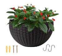 Half Round Planter - Suspending Rustic Faux Rattan Holder, No Drill Plant Basket,Wall Hanging Pot | Sturdy Mounting Hooks, Small Flowers Greenery Indoor Outdoor Garden Balcony Railing Windowsill Pack