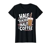 Half Teacher Half Coffee Funny Bienvenido de Vuelta a la Escuela Humor Camiseta gráfica económica, Mujer, Negro, L