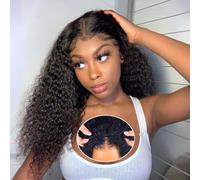 Half Wig Human Hair Deep Wave Peluca de cabello humano Rizado 3 In 1 Drawstring Wear and Go Glueless Curly Wig Headband Human Hair Seamless Flip Over 180% Density Natural Black 22 Inches