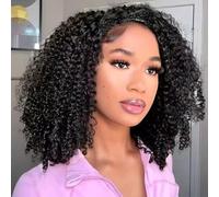 Half Wig Human Hair Glueless Wig 14 Inch 3 IN 1 Half Wigs With Drawstring Seamless Clip Ins Flip Over Kinky Curly Wear And Go Glueless Kinky Curly Headband Wigs Human Hair with Drawstring For Women