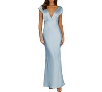 Halfisland - Vestido Largo de satén para Mujer, Cuello en V, Manga Casquillo, Espalda Descubierta, Elegante, Corte Torcido, Vestido Midi para invitada de Boda, Azul, M