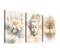 HALFLEMART 3 Pcs Árbol de la vida Buda Marco de Madera Cuadro Moderno Budismo Zen Flor de Loto Beige Lienzo Decorativos Pintura Imagen Cuadros Decoracion Salon Dormitorios Baño 40cmx60cmx3