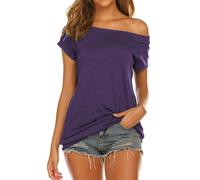 Halife Camisetas casuales de manga corta para mujer con hombros descubiertos, Morado, Medium