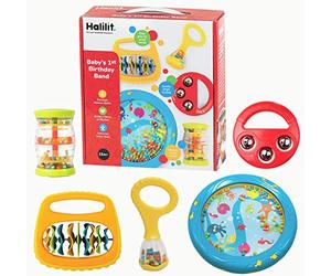 Halilit Baby's First Birthday Band Musical Instrument Gift Set. Includes Ocean Drum, Baby Maraca, Ring My Bell, Rainboshaker & Clip Clap. Music Sensory Baby Toy. Suitable for Boys & Girls 12 months +