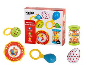 Halilit My First Baby Band Gift Set. Musical Instrument for Babies includes Egg Shaker, Cage Bell, Baby Maraca, Tube Shaker and Fun Rattle. 6 Months +