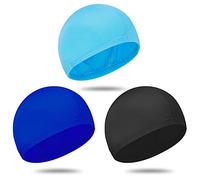 Halinuia Juego de 3 gorros de natación para niños y adultos, gorro de natación elástico de tejido de poliéster suave (negro, azul marino, azul lago)