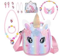 Halinuia Juego de bolsa de unicornio para niña, regalo con bolso para niña, monedero, princesa, pulsera, collar y horquilla unicornio, cumpleaños, regalo para niña de 3 a 10 años, S, Plástico, No es