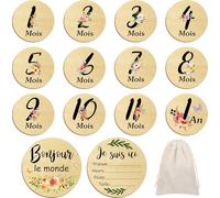Halinuia - Tarjetas de pasos para bebé de madera en francés,Tarjeta de paso para bebé de madera,26 momentos desde el nacimiento hasta 1 año,Tarjetas de bebé Milestone para futuros padres Baby Shower