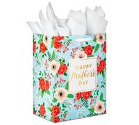 Hallmark 17" Extra Large Mother's Day Gift Bag with Tissue Paper (Red Roses, Green Foliage, Bright Blue) for Mom, Grandma, Nana, New Mother