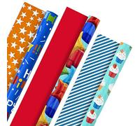 Hallmark Birthday Wrapping Paper Rolls - Balloons, Stars, Cupcakes, Blue Stripes, Solid Red Gift Wrap Paper (Set of 3 Reversible Rolls: 75 sq. ft. ttl.)