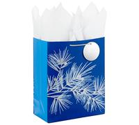 Hallmark Bolsa de papel de seda de 33 cm con etiqueta de regalo (azul oscuro con rama de abeto plateado) para Navidad, Janucá, solsticio de invierno, bodas