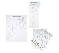 Hallmark Bolsa de regalo de celebración y paquete de papel de regalo, 1 bolsa de regalo grande, 1 bolsa de botella y 2 hojas de papel en 1 diseño brillante