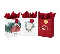 Hallmark Bolsa de regalo de Navidad grande de 33 cm, surtido con papel de seda (3 bolsas: "Merry Christmas" corona, oro alegría, granero rojo nevado) rojo, blanco, hoja de oro