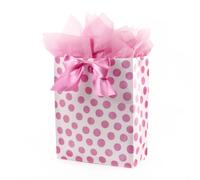 Hallmark Bolsa de regalo extragrande de 15 pulgadas con papel de seda (lunares rosas y lazo) para cumpleaños, Pascua, baby showers, despedidas de soltera, cualquier ocasión