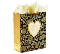 Hallmark Bolsa de regalo extragrande de 15 pulgadas con papel de seda ("Two Hearts, One Love", negro y dorado) para bodas, aniversarios, compromisos, día de San Valentín
