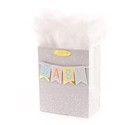 Hallmark Bolsa de regalo mediana para bebé de 9 pulgadas con papel de seda, pancarta de bebé en gris, rosa y azul para baby showers, nuevos padres y más