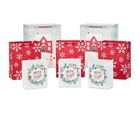 Hallmark - Bolsa de regalo rústica de Navidad (8 bolsas: 3 pequeñas de 6 pulgadas, 3 medianas de 9 pulgadas, 2 grandes de 13 pulgadas) gris, blanco y rojo, casa de campo, muñeco de nieve, copos de