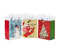 Hallmark Bolsas de regalo de Navidad medianas de 9 pulgadas con papel de seda (3: Papá Noel retro, árbol vintage, muñeco de nieve de bastón de caramelo) para vacaciones, niños, compañeros de trabajo