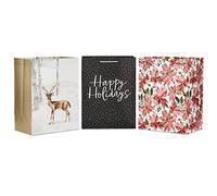 Hallmark Bolsas de regalo navideñas de gran tamaño de 17 pulgadas (3 bolsas: gris oscuro y blanco, Happy Holidays, ciervo de invierno, flores de Pascua rosas) para Navidad, cumpleaños de invierno