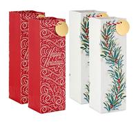 Hallmark Bolsas de regalo para botellas de vino de Navidad con asas y etiquetas de regalo (4 bolsas: rojo "Happy Holidays", guirnalda verde y blanca) para inauguraciones de casa, compañeros de