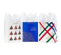 Hallmark Bolsas grandes de regalo de Navidad de 13 pulgadas con papel de seda (3 bolsas: árboles modernos, copo de nieve dorado, rayas abstractas) en azul, rojo, verde, blanco, dorado