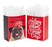 Hallmark Bolsas grandes de regalo para el día de San Valentín de 13 pulgadas con papel de seda (2 bolsas: perro pug, cachorro, guión "Happy Valentine's Day") para niños, nietos, esposa, novia
