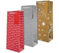 Hallmark Bolsas navideñas para botellas, 3 diseños festivos, paquete de 3, rojo, dorado, plateado