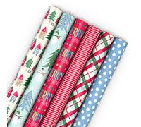 Hallmark Bonito papel de regalo de Navidad reciclable (6 rollos: 180 pies cuadrados en total) rojo, azul, verde a cuadros, Merry Everything, casas coloridas, muñecos de nieve y árboles, puntos, rayas