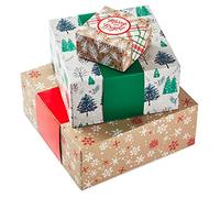 Hallmark Cajas de regalo de tamaño surtido con bandas para Navidad (3 cajas: marrón kraft, rojo, verde, "feliz y brillante, "felices fiestas") copos de nieve rústicos, cuadros, árboles, acebo
