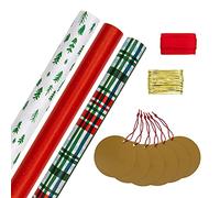 Hallmark Compendio de regalo de Navidad, 3 paquetes de papel de regalo, 2 m cada uno, 6 etiquetas de regalo, 2 cintas de rafia, tartán, rojo, blanco, paquete de compendio verde