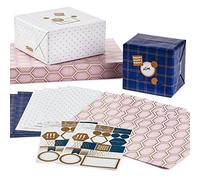 Hallmark Hojas de papel de regalo planas con líneas de corte en el reverso (12 hojas plegadas con sellos adhesivos) puntos blancos y dorados, geométrico rosa, cuadros azul marino para bodas,