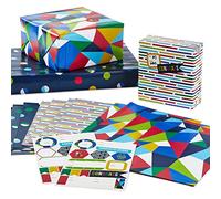 Hallmark Hojas de papel de regalo planas con líneas de corte en el reverso (12 hojas plegadas con sellos adhesivos) rojo, azul, verde, amarillo geométrico, rayas, puntos para cumpleaños, día del