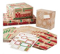 Hallmark Hojas de papel de regalo planas de Navidad reciclables con líneas de corte en el reverso (12 hojas plegadas con etiquetas de regalo adhesivas), camiones rojos rústicos, copos de nieve