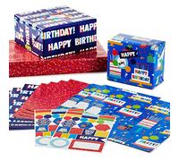 Hallmark Hojas planas de papel de regalo de cumpleaños con líneas de corte en el reverso (12 hojas plegadas con sellos adhesivos) Feliz cumpleaños, confeti rojo, azul con pasteles