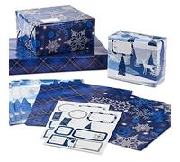 Hallmark Hojas planas de papel de regalo de Navidad con líneas de corte en el reverso y sellos de etiqueta de regalo (12 hojas plegadas, 16 etiquetas de regalo), copos de nieve azules y plateados,
