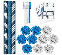 Hallmark Juego de papel de regalo de Navidad azul marino (90 pies cuadrados, 10 lazos, 4 colores de cinta, 40 etiquetas de regalo) muñeco de nieve, rayas, copos de nieve