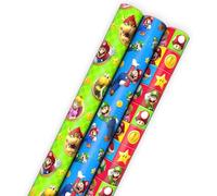 Hallmark Nintendo Super Mario Rollos de papel de regalo para niños con líneas de corte en la parte posterior (3 rollos: 60 pies cuadrados en total) Mario, Luigi, Yoshi, Bowser, Princess Peach, Toad