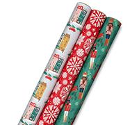 Hallmark Papel de regalo de Navidad con líneas de corte en el reverso (3 rollos: 120 pies cuadrados en total), escena de ciudad de invierno, copos de nieve rústicos en rojo, cascanueces con follaje