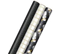 Hallmark Papel de regalo de Navidad negro con líneas de corte en el reverso (3 rollos: 120 pies cuadrados) gris carbón, muñecos de nieve, cuadros dorados, puntos para vacaciones, Hanukkah, bodas,