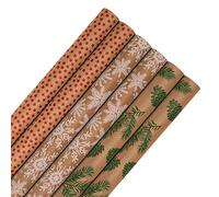 Hallmark Papel de regalo de Navidad, paquete de 6 envoltorios de regalo de papel kraft marrón, 3 m cada uno, 3 diseños festivos, estrellas, copos de nieve, árboles