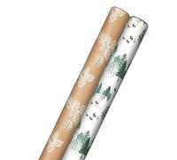 Hallmark Papel de regalo de Navidad reciclable Kraft con líneas de corte (2 rollos: 150 pies cuadrados Ttl) árboles verdes sobre blanco, conos de pino blanco sobre papel kraft marrón para vacaciones,
