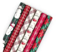 Hallmark Papel de regalo de Navidad reciclable rústico (6 rollos: 180 pies cuadrados en total) rojo, blanco y verde cazador, flores de pascua, copos de nieve, Feliz Navidad, muñeco de nieve, Papá Noel