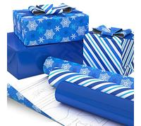 Hallmark Papel de regalo de vacaciones con plantillas de lazo opcionales en el reverso (3 rollos: 120 pies cuadrados) copos de nieve azules y blancos, rayas, azul sólido para Navidad, Hanukkah, bodas