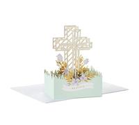 Hallmark Paper Wonder - Tarjeta religiosa desplegable (cruz dorada con flores moradas) para Pascua, confirmación, primera comunión