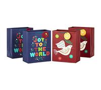 Hallmark Paquete de bolsas de regalo navideñas (4 bolsas de regalo grandes de 13 pulgadas, 2 diseños en azul marino, rojo oscuro, naranja, verde) Joy to the World, Paloma de la paz para Navidad