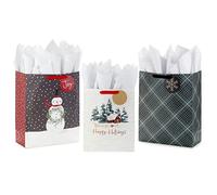 Hallmark Paquete de bolsas de regalo navideñas con papel de seda y etiquetas de regalo (3 bolsas: 2 extragrandes de 15 pulgadas, 1 grande de 13 pulgadas), cuadros grises, granja nevada, muñeco de