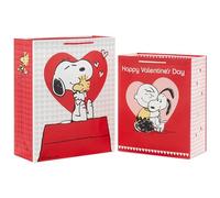 Hallmark Paquete de bolsas de regalo para el día de San Valentín (2 bolsas: 1 grande de 13 pulgadas, 1 extra grande de 15 pulgadas) con Charlie Brown, Snoopy, Woodstock