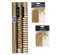 Hallmark Paquete de papel de regalo y etiquetas de regalo de Navidad doradas, 3 rollos de papel en 3 diseños con 2 paquetes de 10 etiquetas de regalo doradas lisas