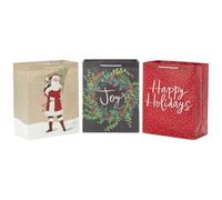 Hallmark Paquete grande de bolsa de regalo de Navidad de 13 pulgadas (3 bolsas: corona "Joy" en gris, Papá Noel rústico con árbol, "Happy Holidays" en rojo) para amigos, familiares, profesores, compañeros de trabajo